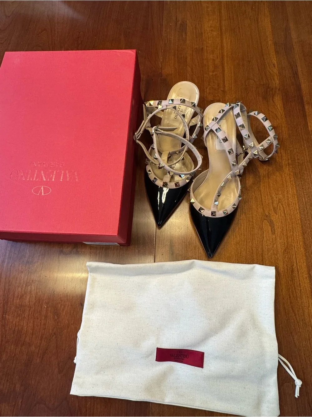 Valentino Rockstud Black Patent Pointed-Toe Ankle-Strap Heels
